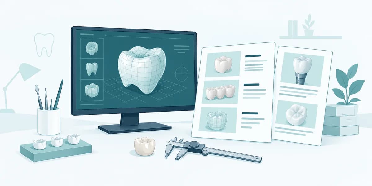Ilustracja portfolio technika: projekt korony CAD, przykłady prac i narzędzia laboratoryjne
